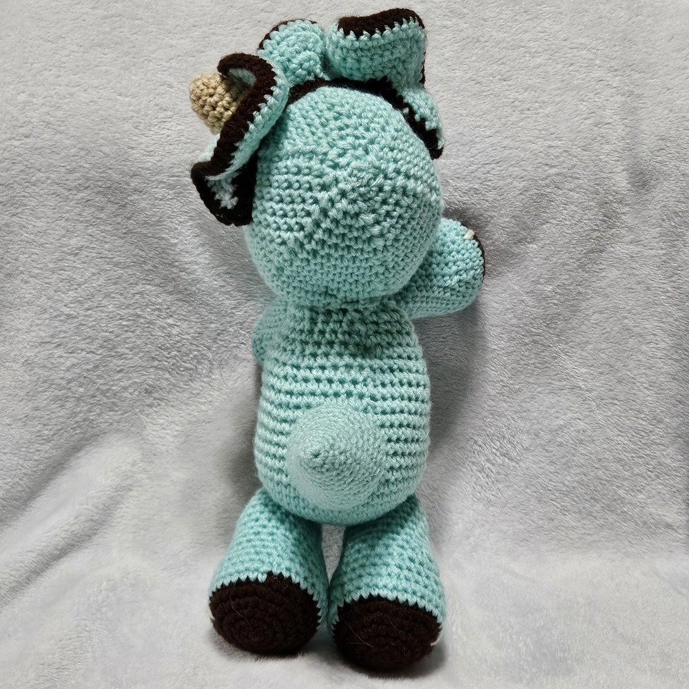 Handmade Crocheted Triceratops Amigurumi Stuffed‎ Toy Dinosaur 15" teal Brown - Picture 5 of 5